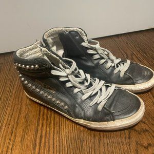Golden Goose Slide Mid-Top Black Leather Stud Sneakers